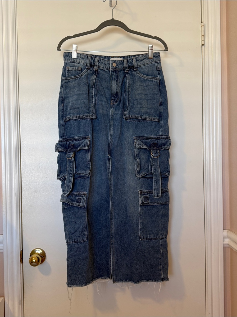 PacSun Womens M Blue Denim Cargo Midi Skirt Y2K Utility Pockets Front Slit